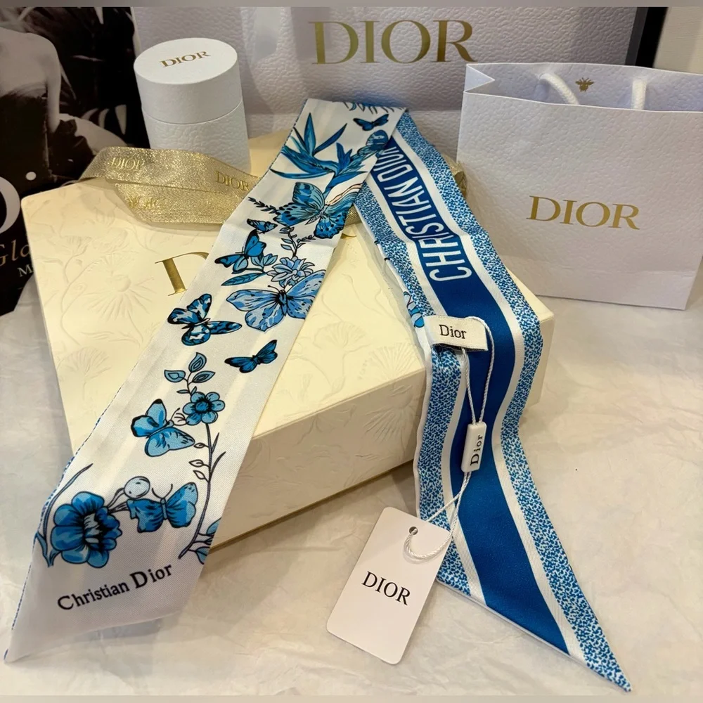 DIOR BEAUTE Butterflies 100% Silk Scarf, Round Box/Shopping bag and 3 Fresheners